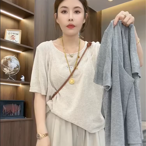 欧货慵懒风背心假两件短袖竹节麻针织衫女圆领宽松显瘦薄款上衣潮